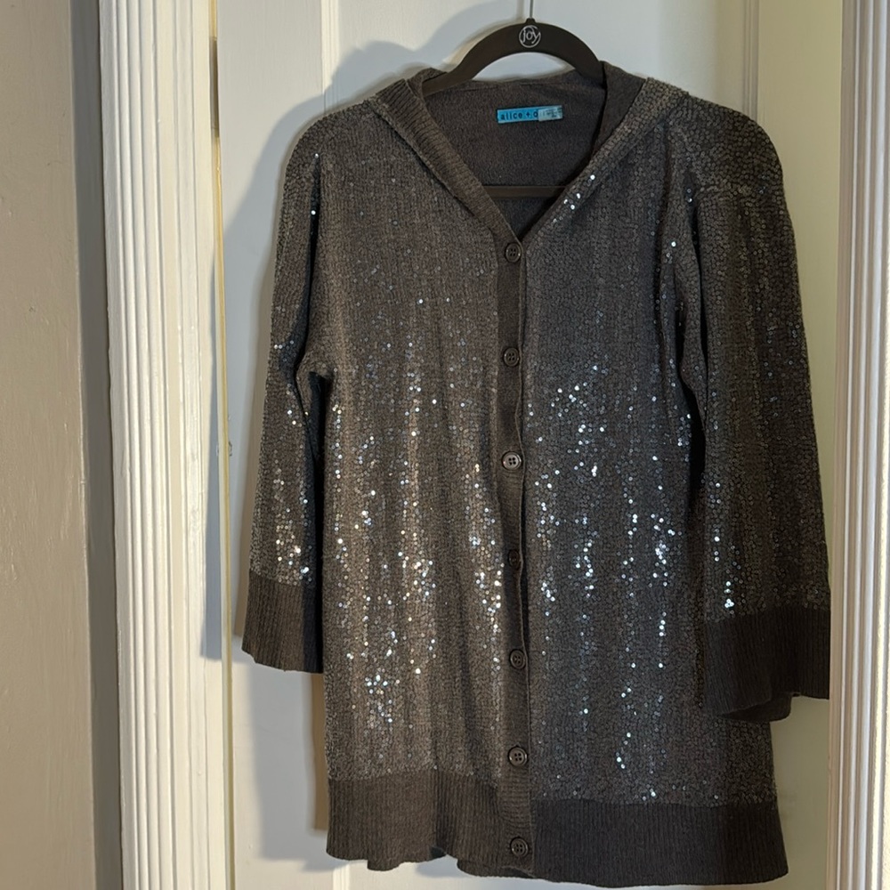 Alice & Oliva Brownish Grey Knit Cardigan Sequined Hoodie-SZ M